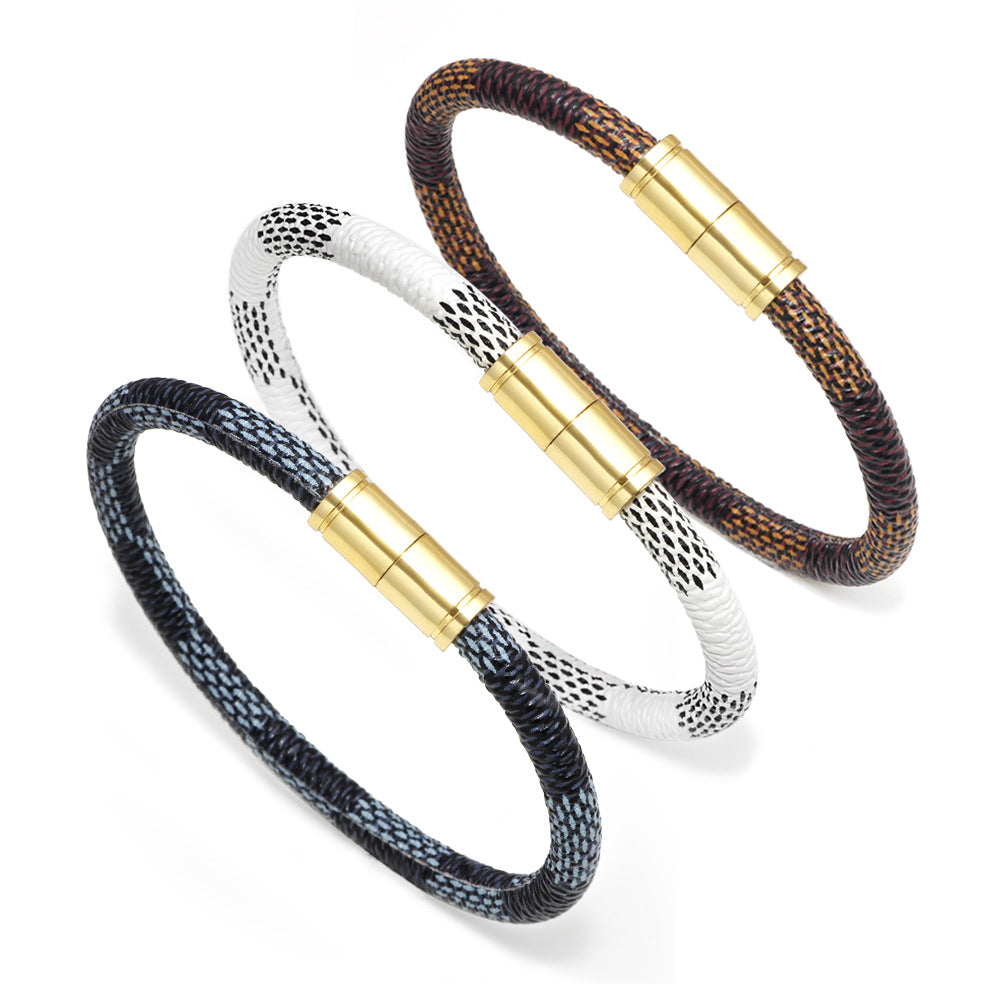 New Fashion Cowhide Striped Leather Bracelet with Stainless Steel Magnetic Clasp