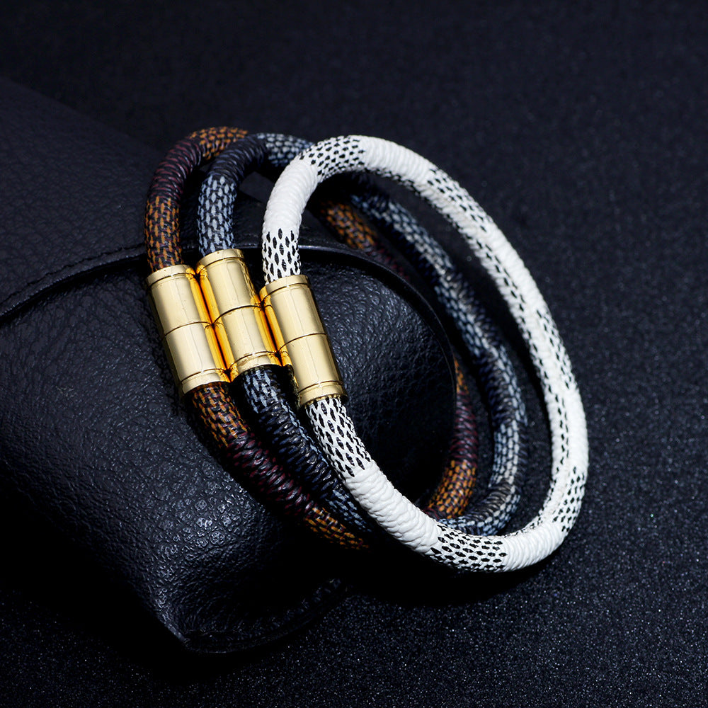 New Fashion Cowhide Striped Leather Bracelet with Stainless Steel Magnetic Clasp