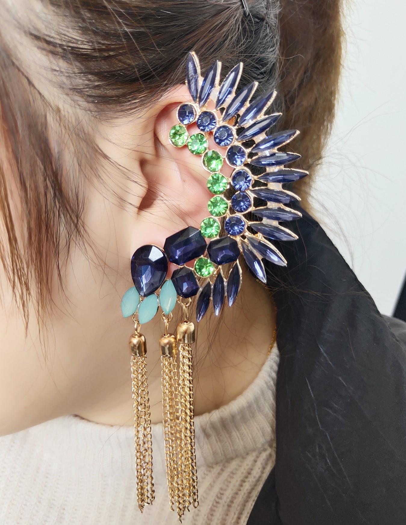 New Fashion Geometric Rhinestone Chain Tassel Earrings and Ear Clips