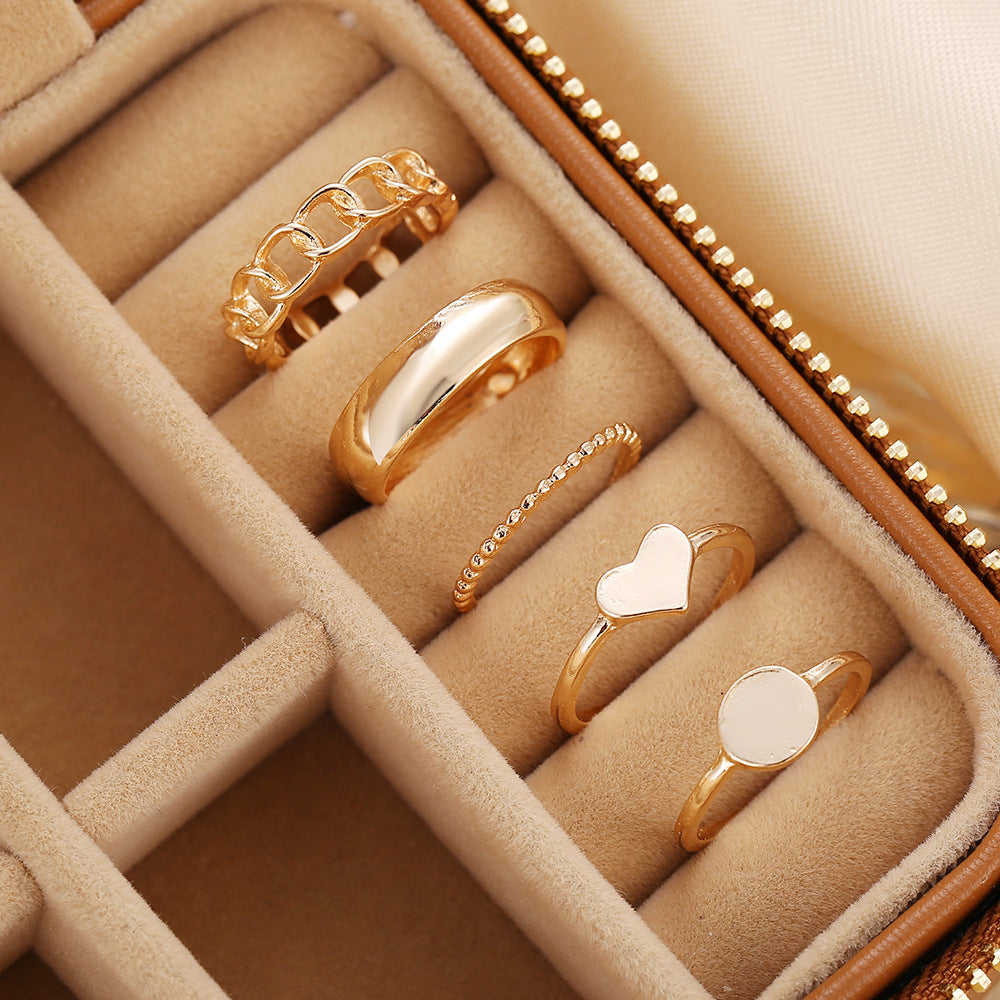 New Fashion Geometric Love Gold and Zircon Pearl Open Ring Set
