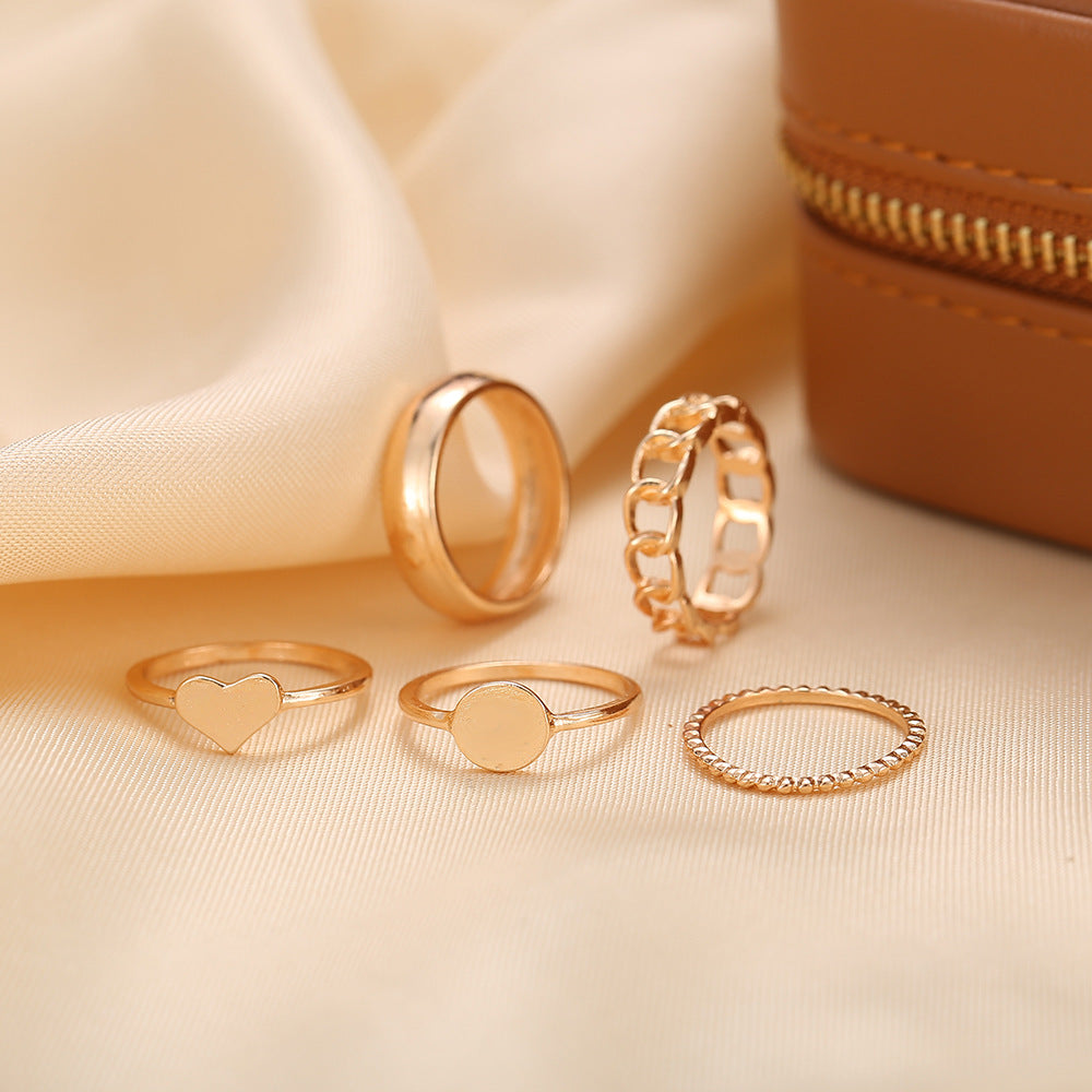 New Fashion Geometric Love Gold and Zircon Pearl Open Ring Set