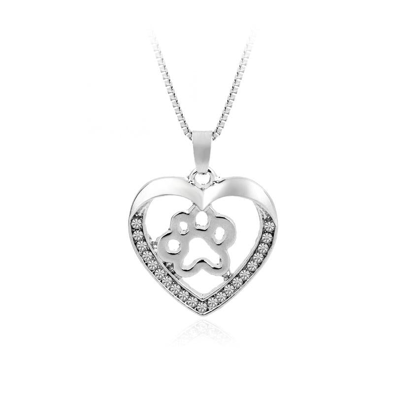 Heart Paw Hollow Diamond Pendant Necklace - Fashion Love Design