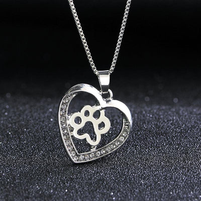 Heart Paw Hollow Diamond Pendant Necklace - Fashion Love Design