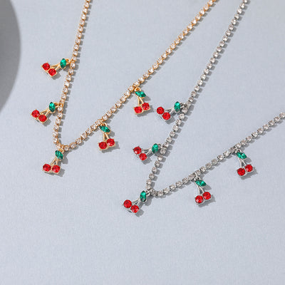 New Rhinestone Cherry Pendant Tennis Chain Necklace
