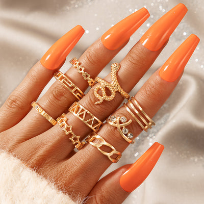 New Bohemian Star and Shell Carved Ring Set - 9 Pieces