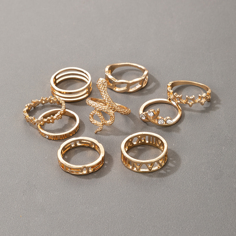 New Bohemian Star and Shell Carved Ring Set - 9 Pieces