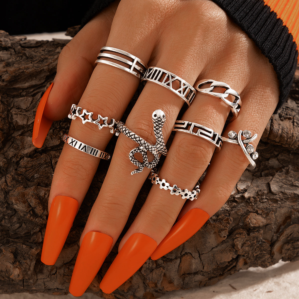 New Bohemian Star and Shell Carved Ring Set - 9 Pieces