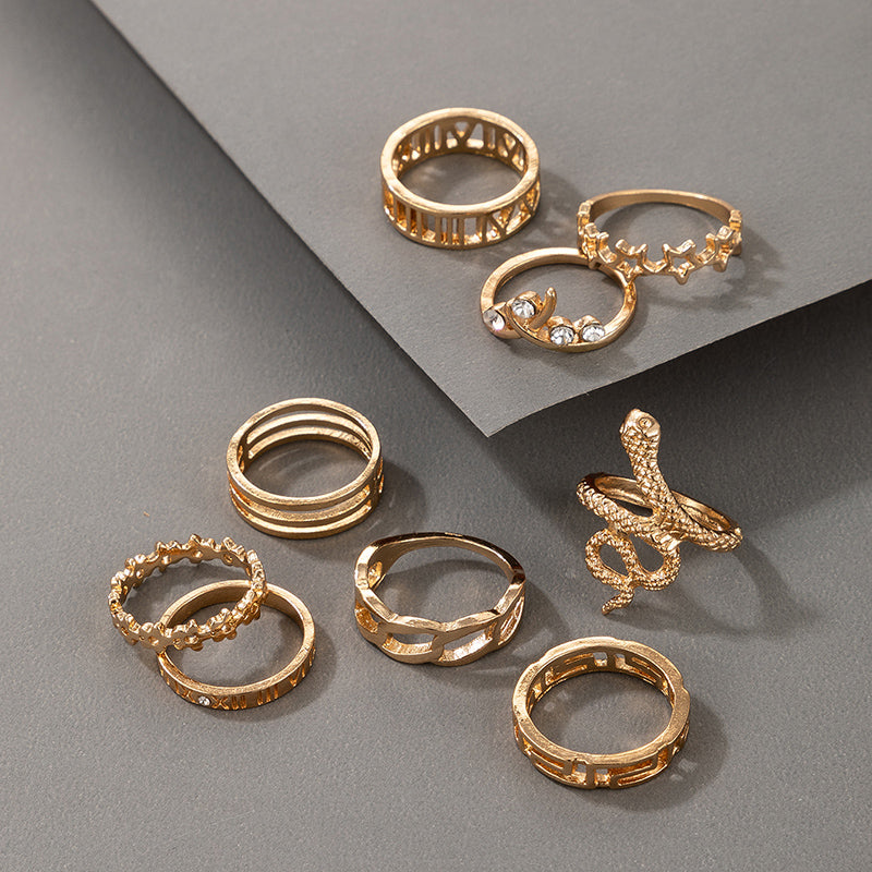 New Bohemian Star and Shell Carved Ring Set - 9 Pieces