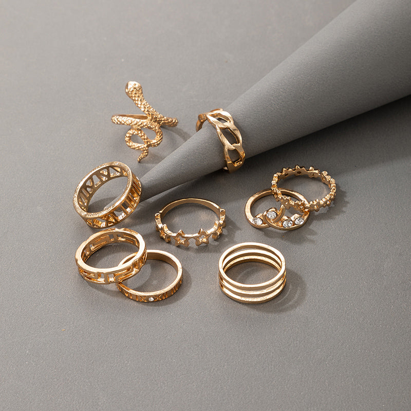 New Bohemian Star and Shell Carved Ring Set - 9 Pieces