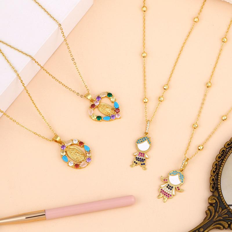 Virgin Mary Heart Shaped Geometric Pendant Necklace with Colorful Zircon Stones