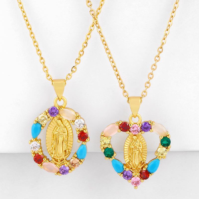Virgin Mary Heart Shaped Geometric Pendant Necklace with Colorful Zircon Stones