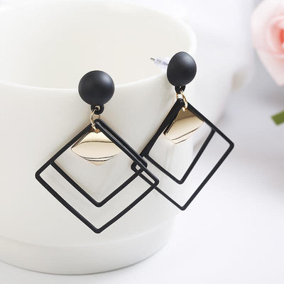 Frosted Geometric Square & Hollow Rhombus Metal Drop Earrings - Gold