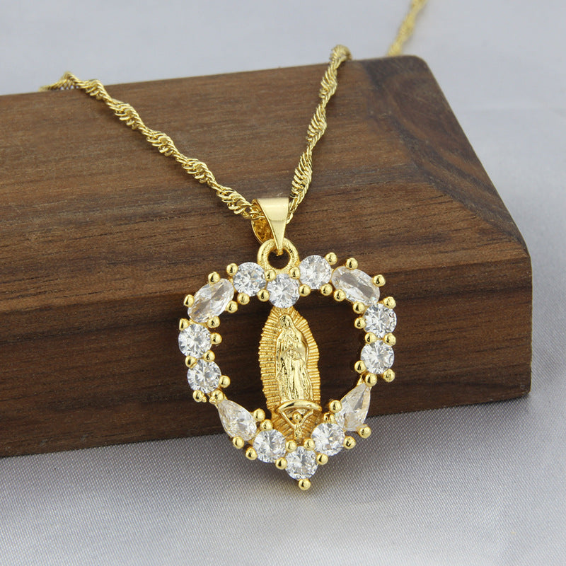 Heart-shaped Diamond Virgin Mary Gold-plated Copper Necklace