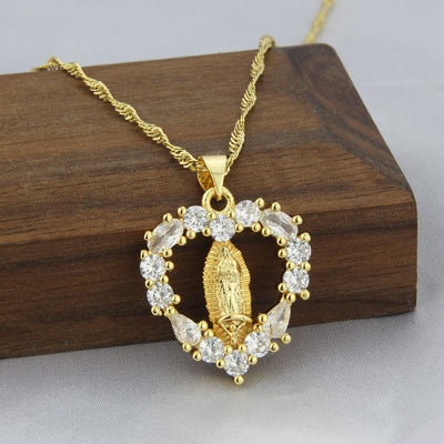 Heart-shaped Diamond Virgin Mary Gold-plated Copper Necklace