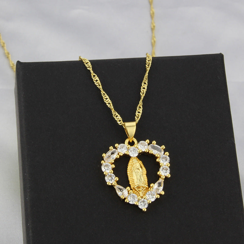 Heart-shaped Diamond Virgin Mary Gold-plated Copper Necklace