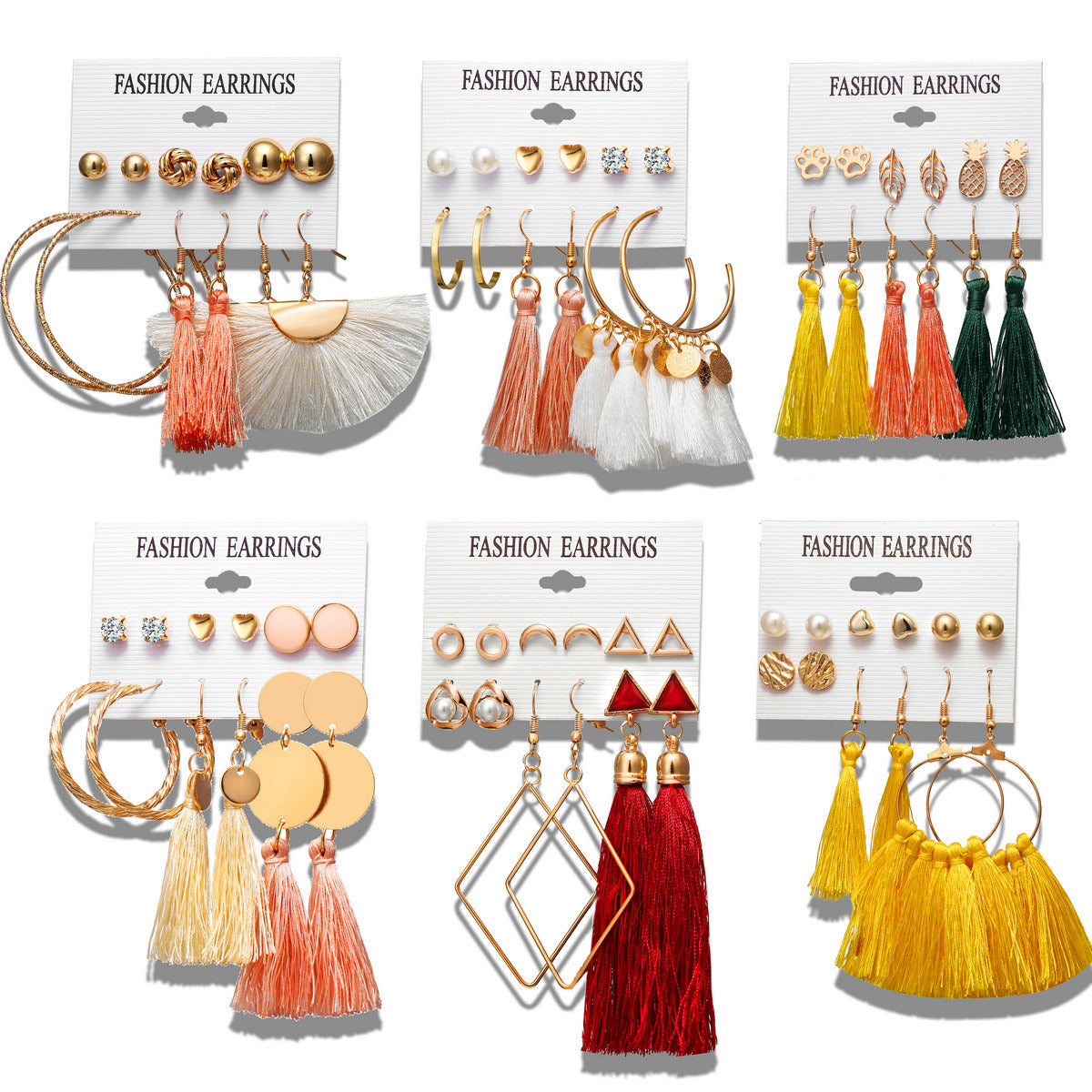 Bohemian Moon Triangle Tassel Earrings Set - 6 Pairs Fashion Statement Jewelry