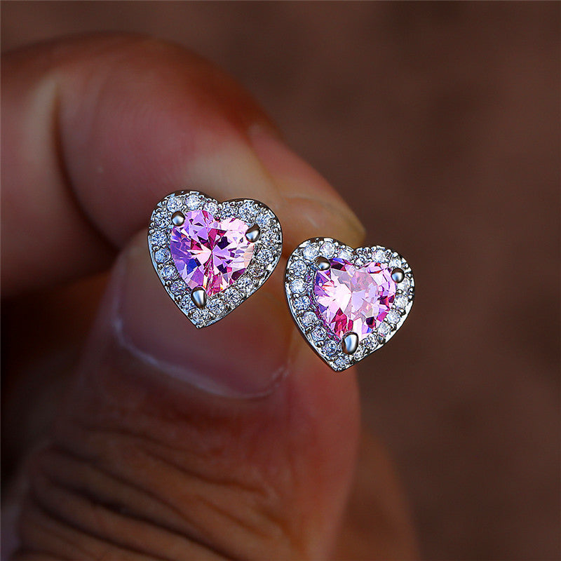 Heart-Shaped Zircon Copper Stud Earrings for Women