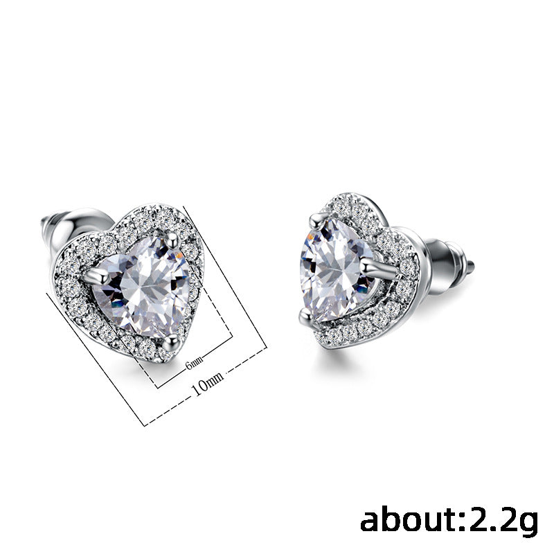 Heart-Shaped Zircon Copper Stud Earrings for Women