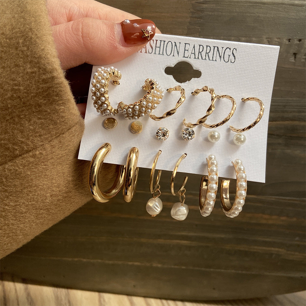 New Inlaid Pearl Gold Hoop Earring Set - 9 Pieces
