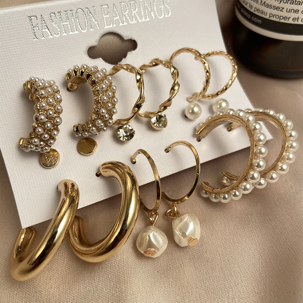 New Inlaid Pearl Gold Hoop Earring Set - 9 Pieces