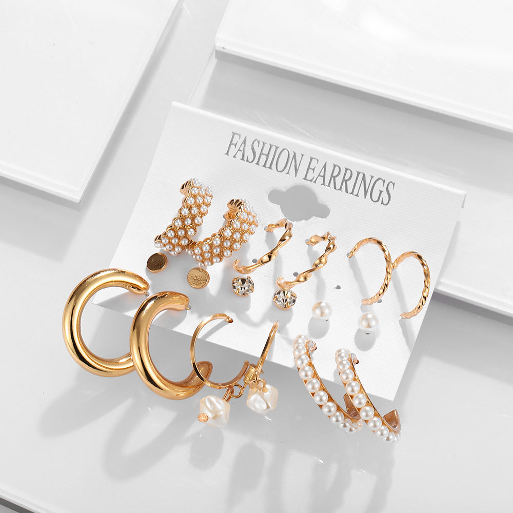 New Inlaid Pearl Gold Hoop Earring Set - 9 Pieces