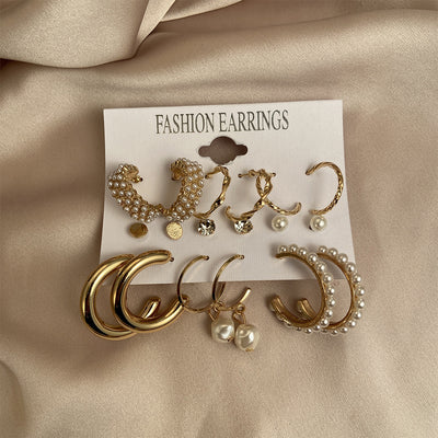 New Inlaid Pearl Gold Hoop Earring Set - 9 Pieces