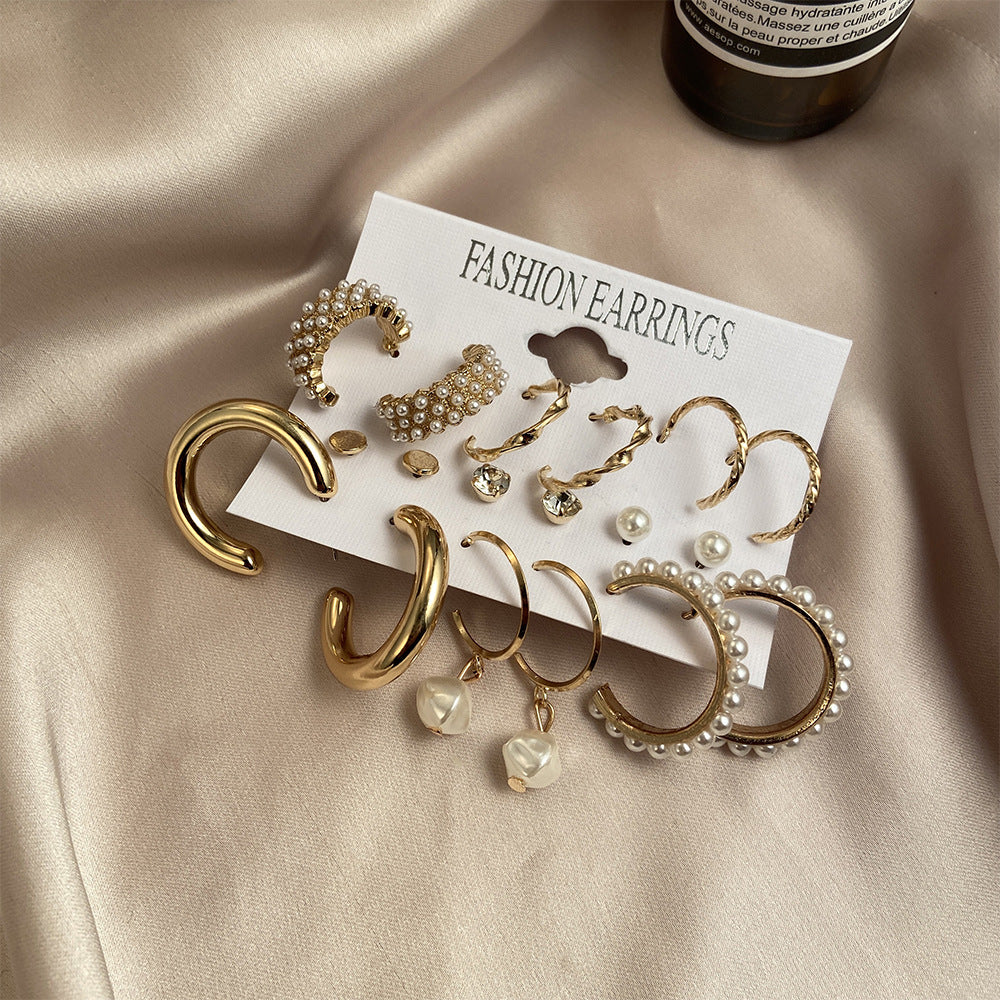 New Inlaid Pearl Gold Hoop Earring Set - 9 Pieces
