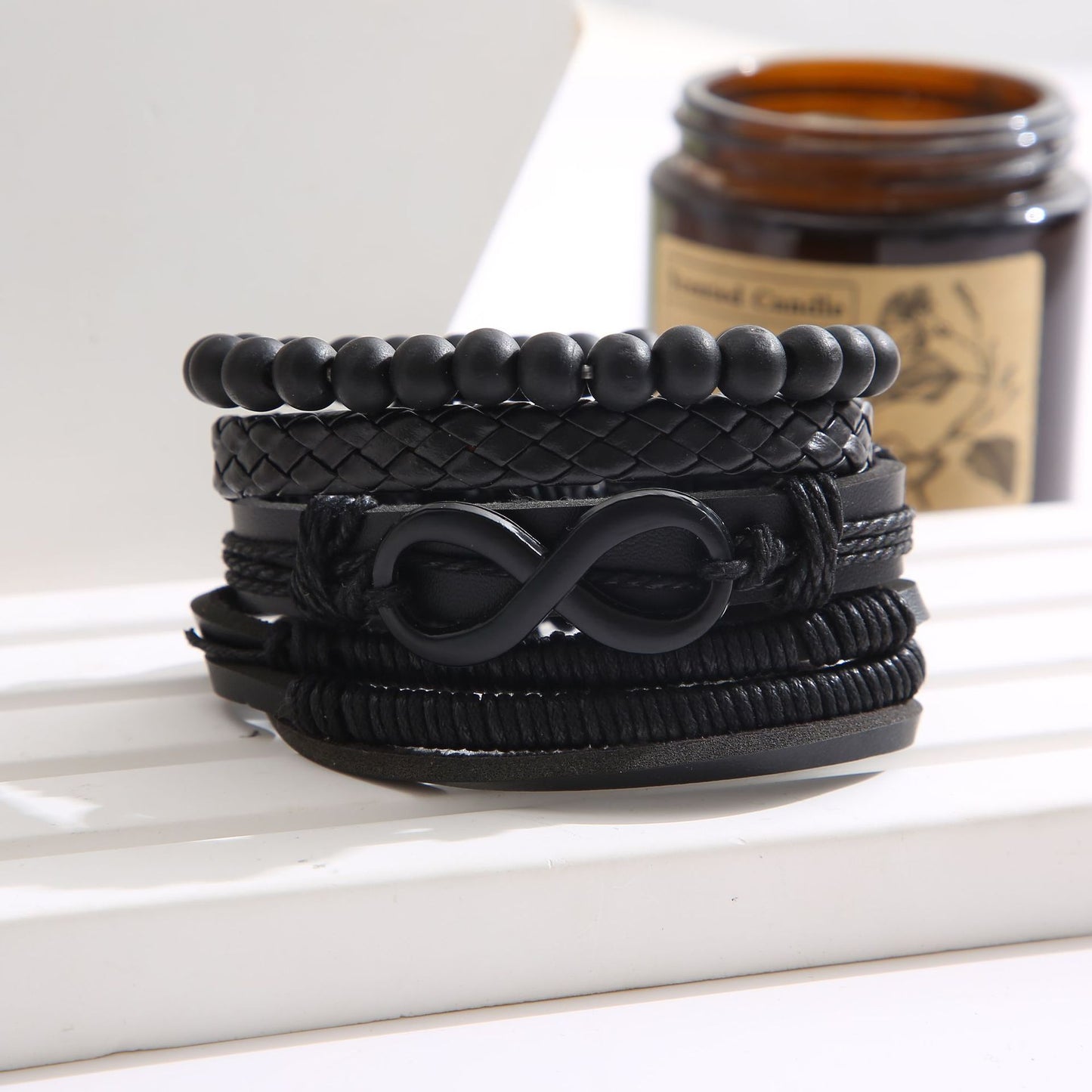 Vintage Leather & Wooden Bead Braided Bracelet Set - 4 Piece Handmade Jewelry