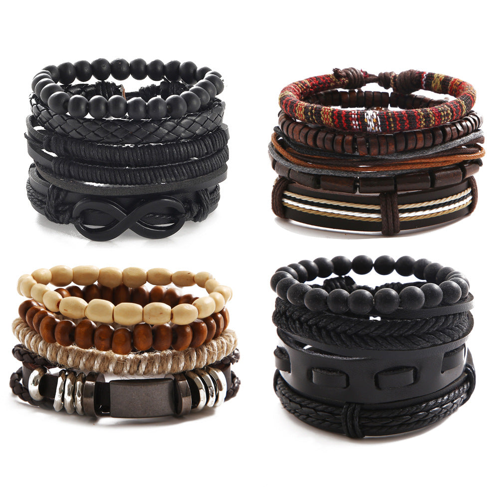 Vintage Leather & Wooden Bead Braided Bracelet Set - 4 Piece Handmade Jewelry