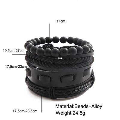 Vintage Leather & Wooden Bead Braided Bracelet Set - 4 Piece Handmade Jewelry