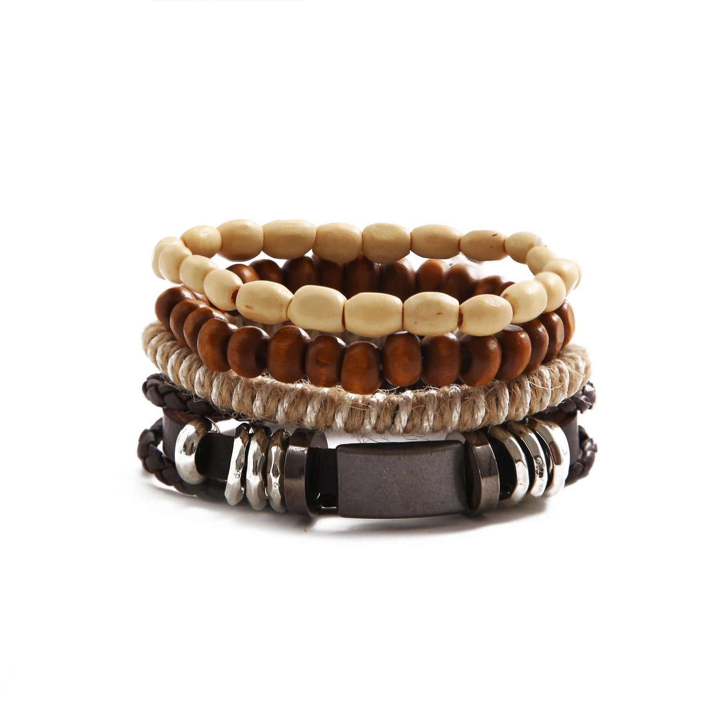 Vintage Leather & Wooden Bead Braided Bracelet Set - 4 Piece Handmade Jewelry