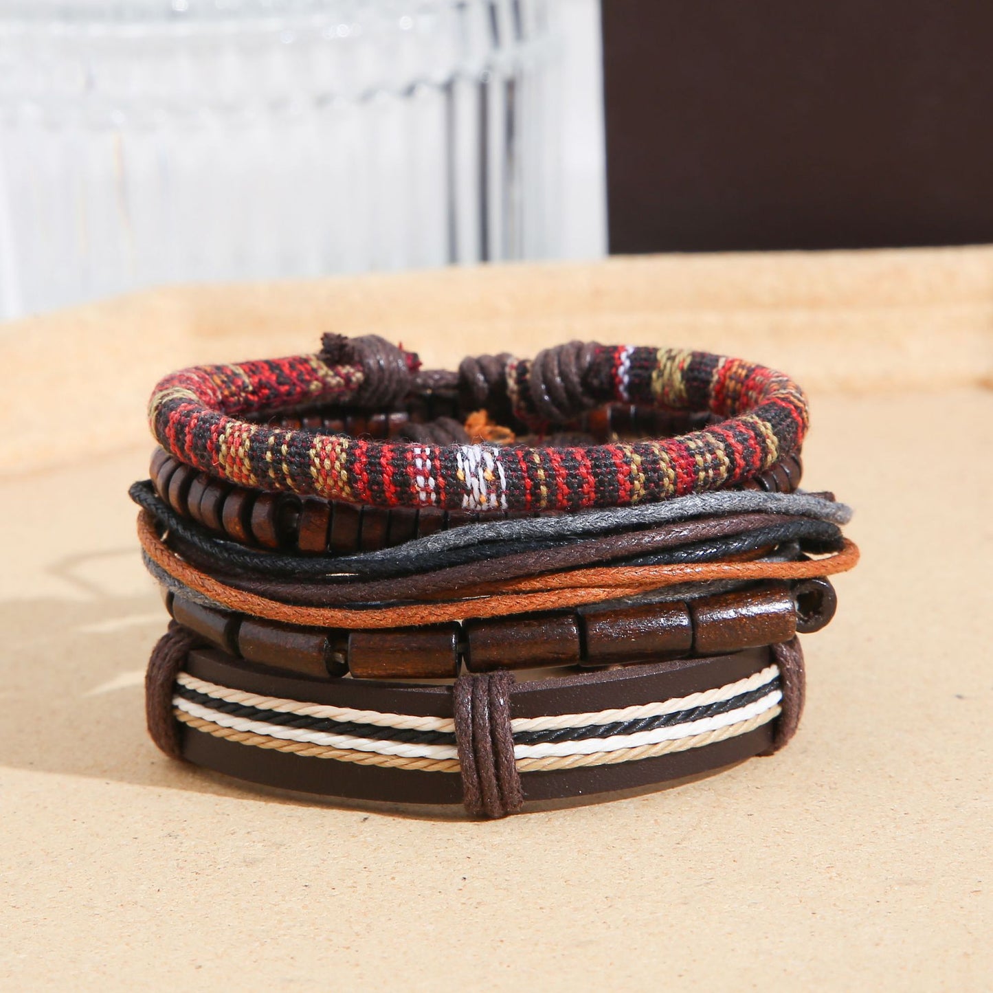 Vintage Leather & Wooden Bead Braided Bracelet Set - 4 Piece Handmade Jewelry