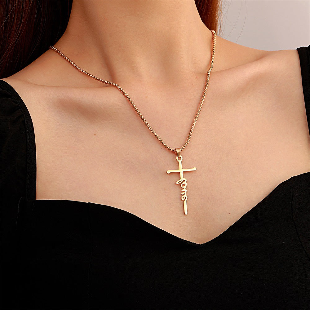 Cross Pendant Stainless Steel Letter Necklace - Punk Style Choker for Women