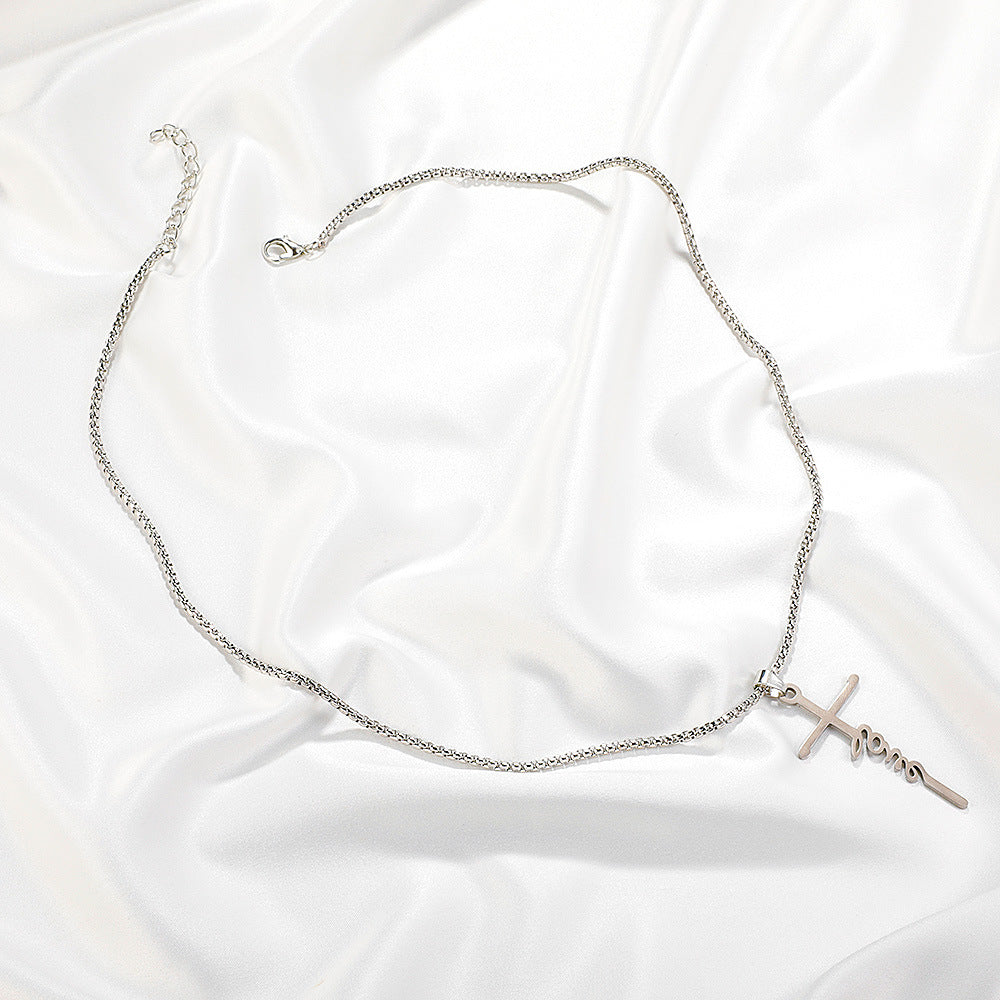 Cross Pendant Stainless Steel Letter Necklace - Punk Style Choker for Women
