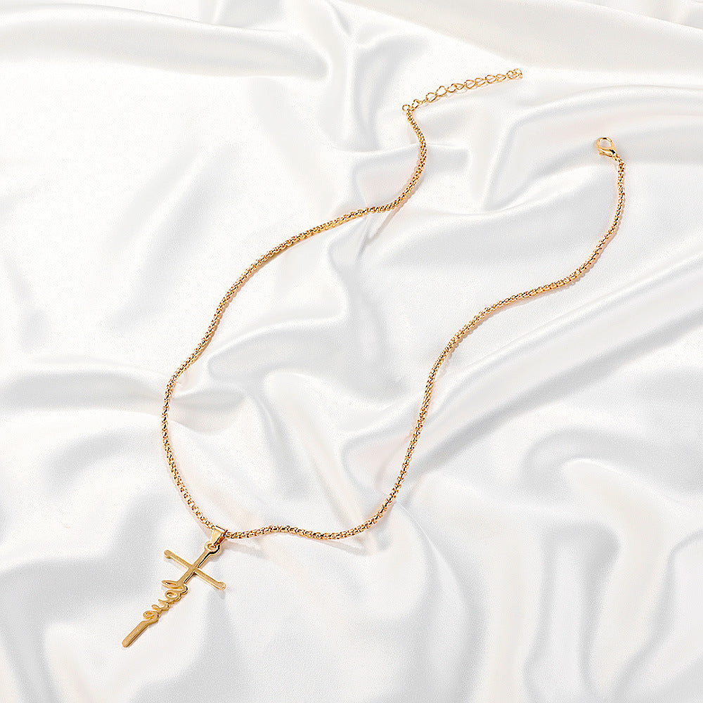 Cross Pendant Stainless Steel Letter Necklace - Punk Style Choker for Women