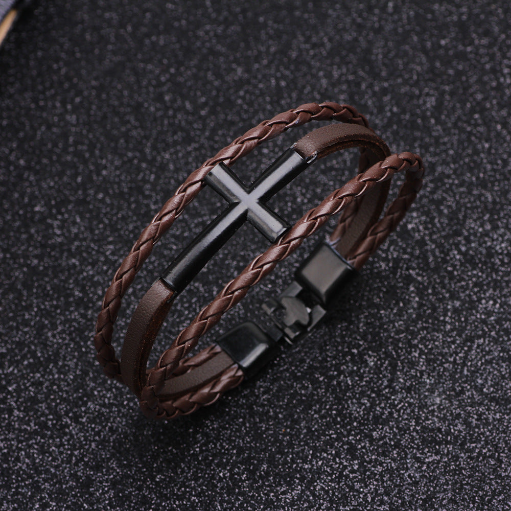Three-Color Braided Leather Bracelet with Metal Cross Design