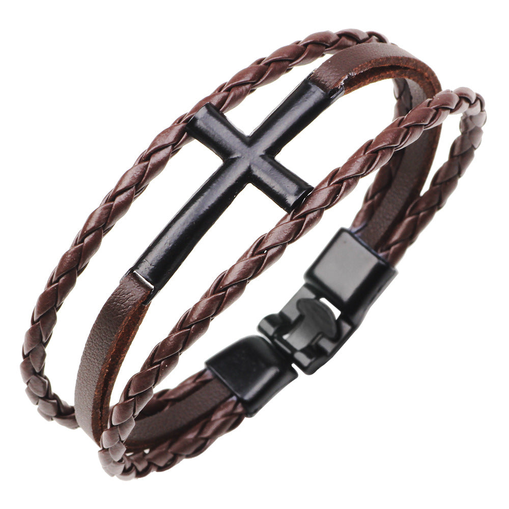 Three-Color Braided Leather Bracelet with Metal Cross Design