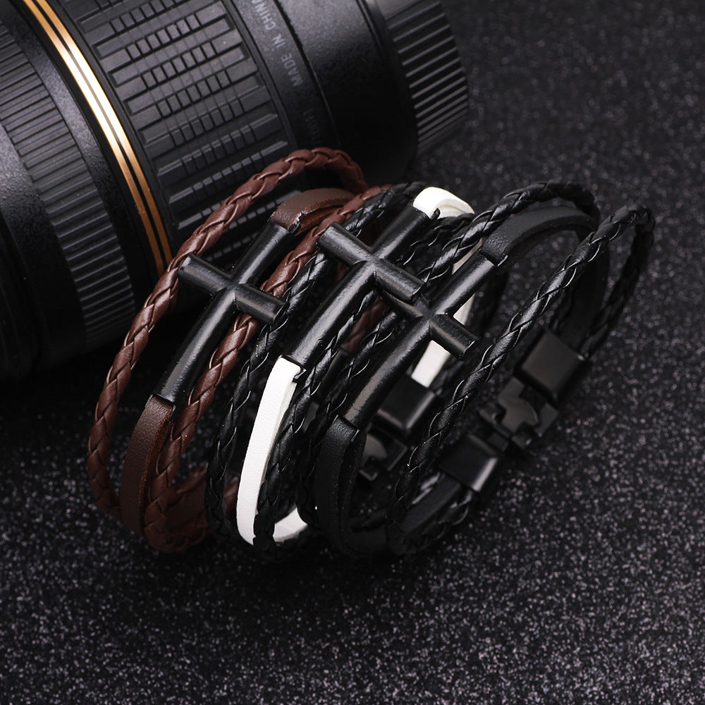 Three-Color Braided Leather Bracelet with Metal Cross Design