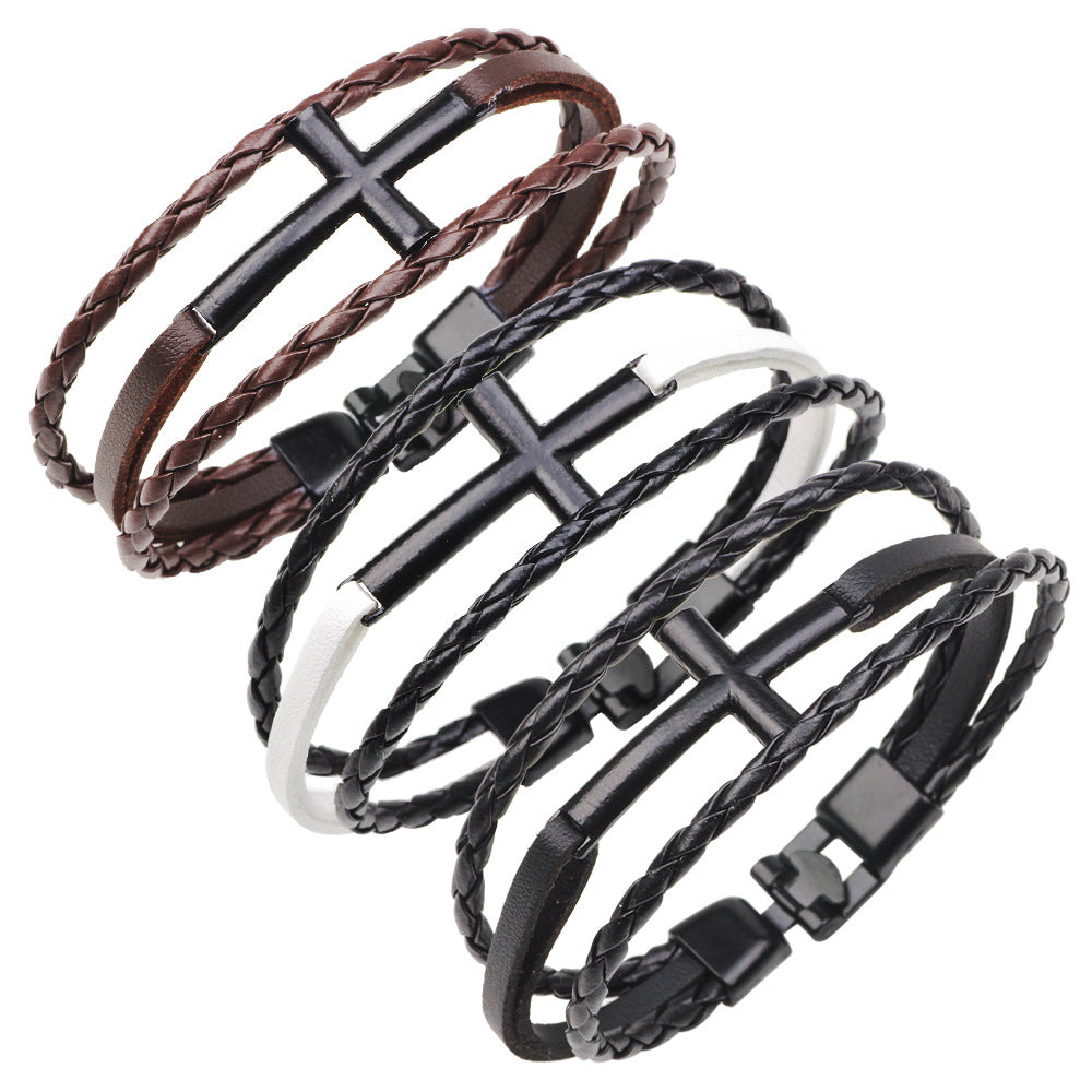 Three-Color Braided Leather Bracelet with Metal Cross Design
