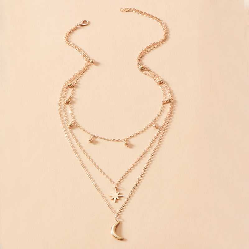 New Moon Gold Plated Star and Moon Layered Necklace for Women