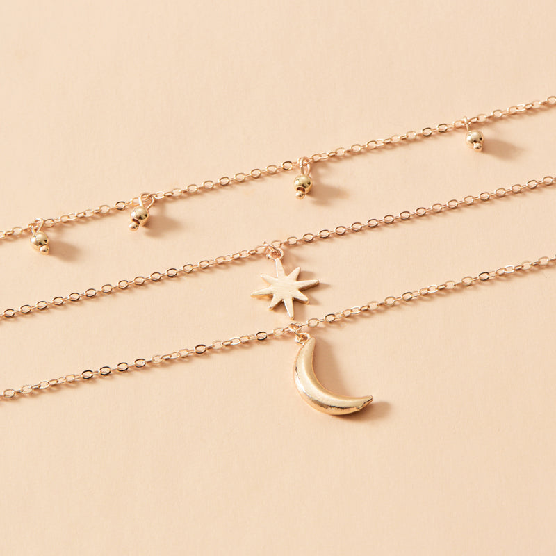 New Moon Gold Plated Star and Moon Layered Necklace for Women