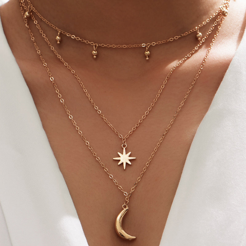New Moon Gold Plated Star and Moon Layered Necklace for Women
