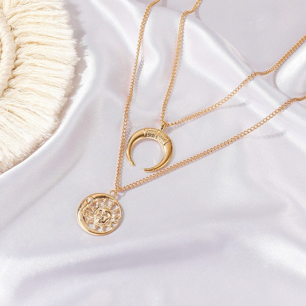 Multi-Layer Retro Punk Sun Moon Pendant Necklace