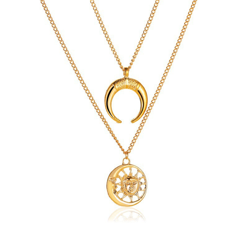 Multi-Layer Retro Punk Sun Moon Pendant Necklace