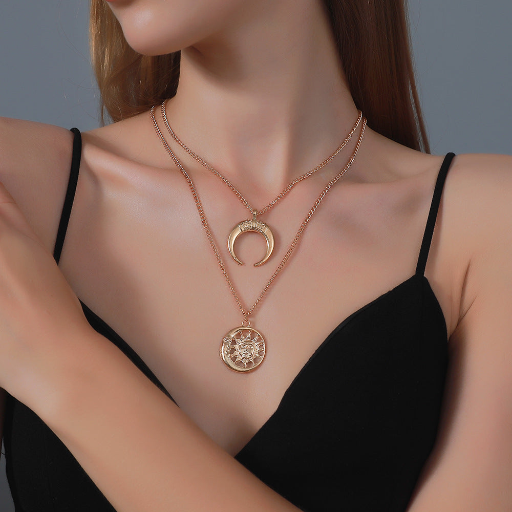 Multi-Layer Retro Punk Sun Moon Pendant Necklace