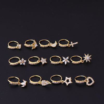 Starry Moon & Heart Zircon Nose Ring Set - Copper Jewelry 20g x 8mm