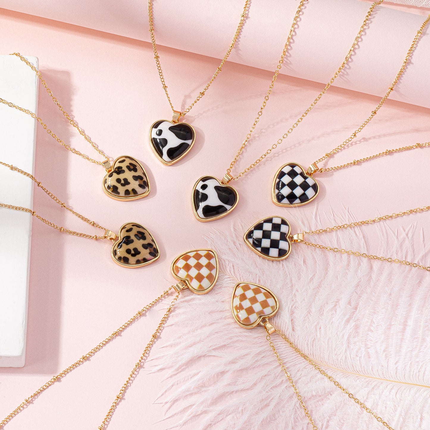 Checkerboard Heart Leopard Alloy Necklace