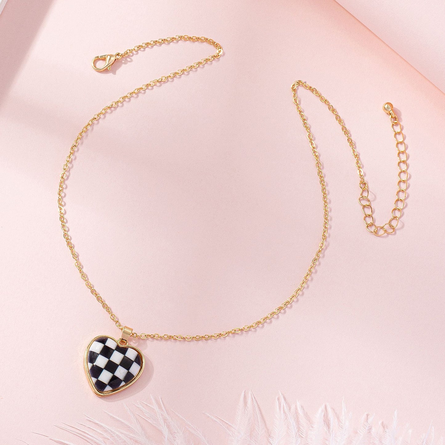 Checkerboard Heart Leopard Alloy Necklace