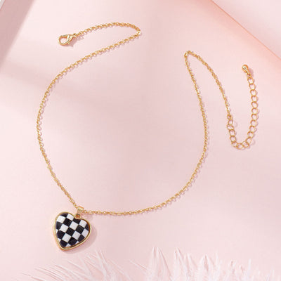 Checkerboard Heart Leopard Alloy Necklace