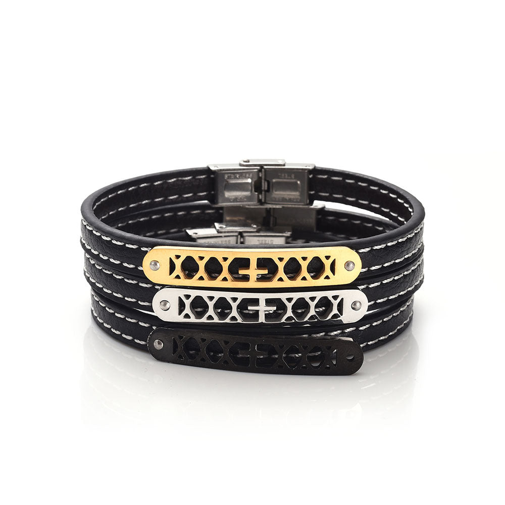 Vintage Leather Stainless Steel Cross Bracelet for Men